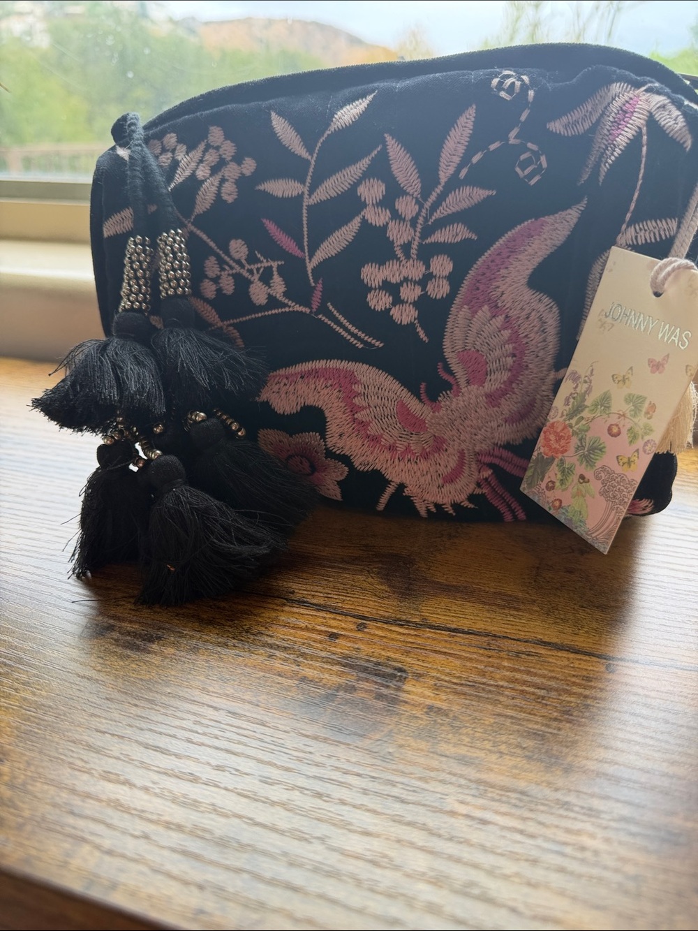Johnny Was Black Quilted Velvet Cosmetic Bag w/Embroidered Floral & Butterfly